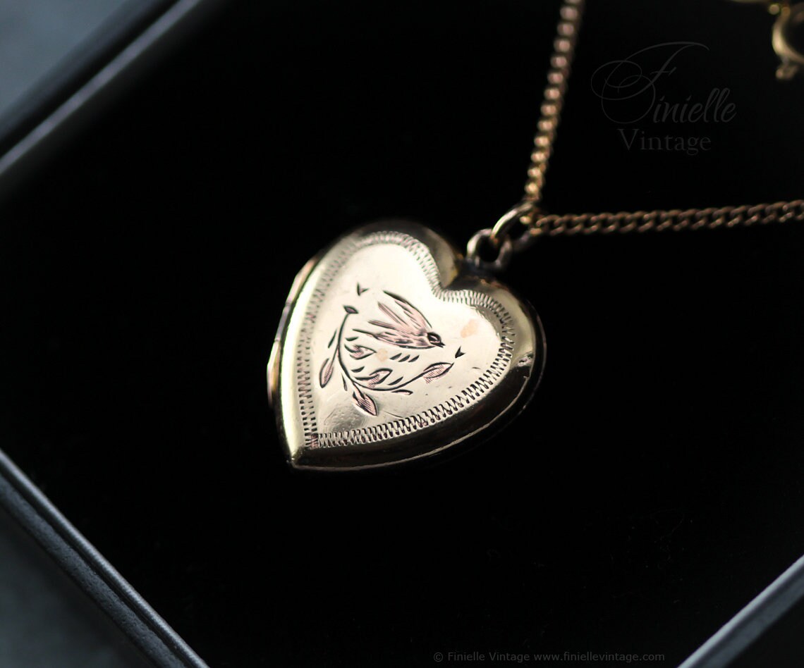 Antique Rolled Gold Victorian 1850-1900 Engraved Swallow Floral Heart Charm Locket Pendant Necklace, 18Ct Yellow Gold Plated 18" Chain