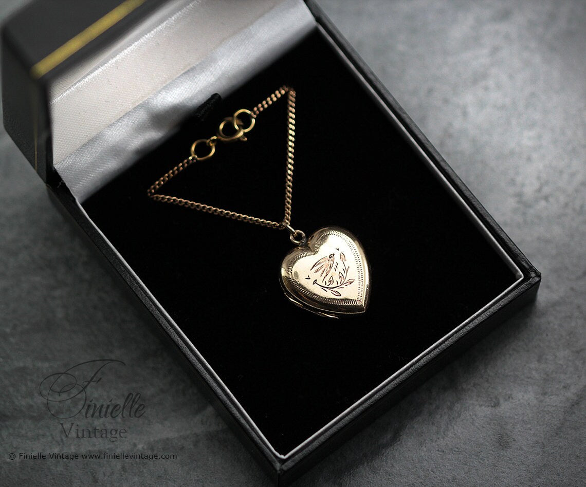 Antique Rolled Gold Victorian 1850-1900 Engraved Swallow Floral Heart Charm Locket Pendant Necklace, 18Ct Yellow Gold Plated 18" Chain