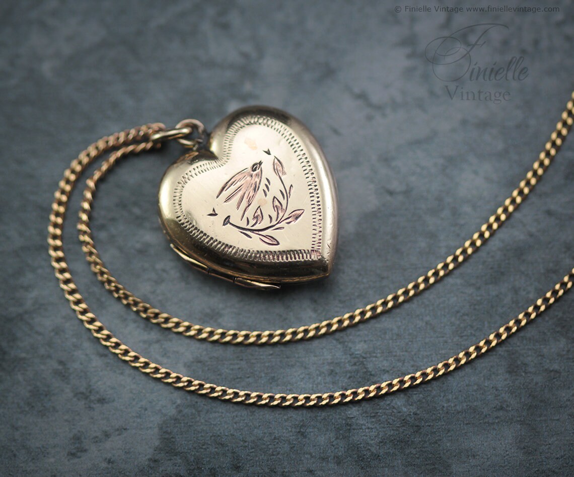 Antique Rolled Gold Victorian 1850-1900 Engraved Swallow Floral Heart Charm Locket Pendant Necklace, 18Ct Yellow Gold Plated 18" Chain