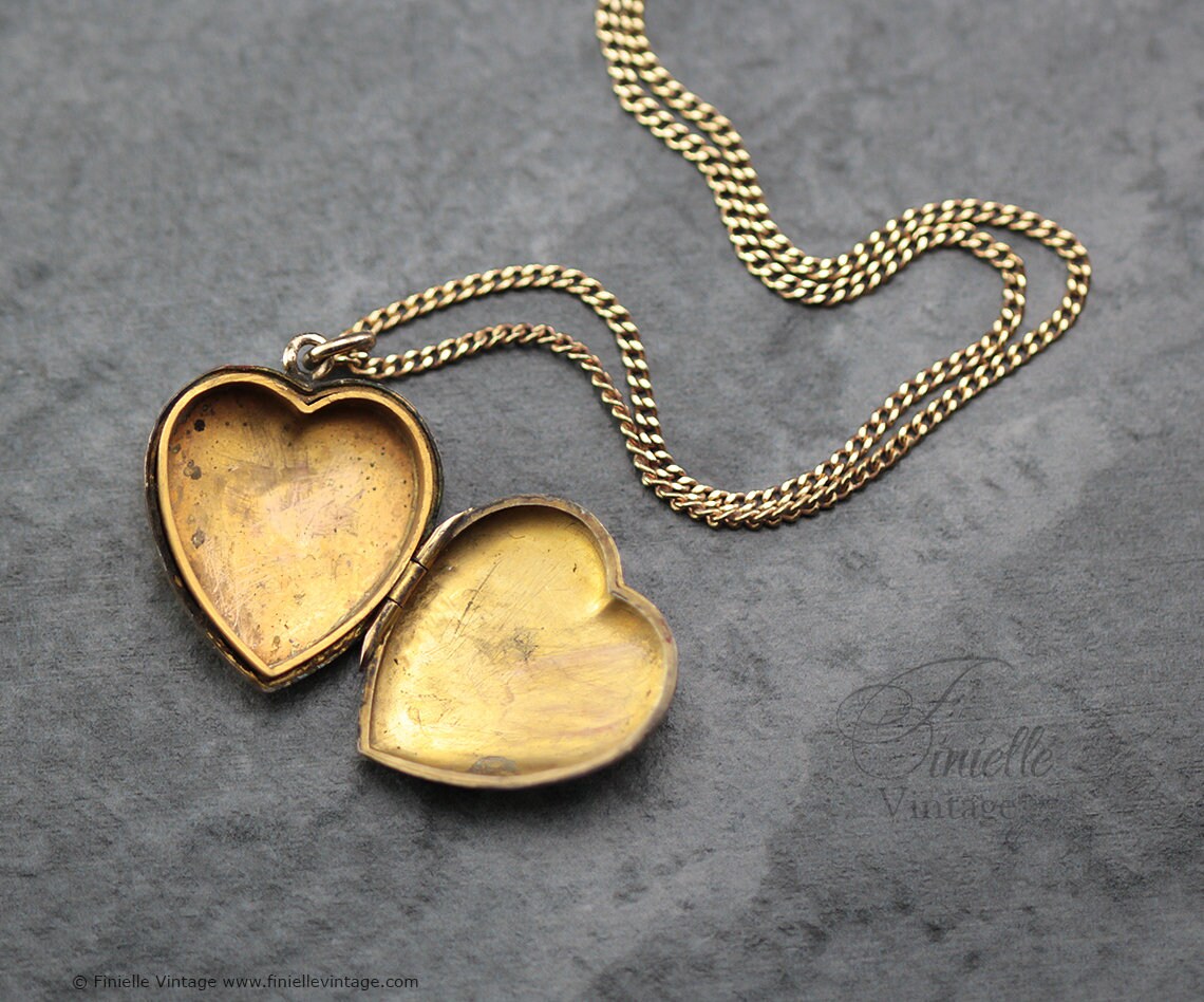 Antique Rolled Gold Victorian 1850-1900 Engraved Swallow Floral Heart Charm Locket Pendant Necklace, 18Ct Yellow Gold Plated 18" Chain