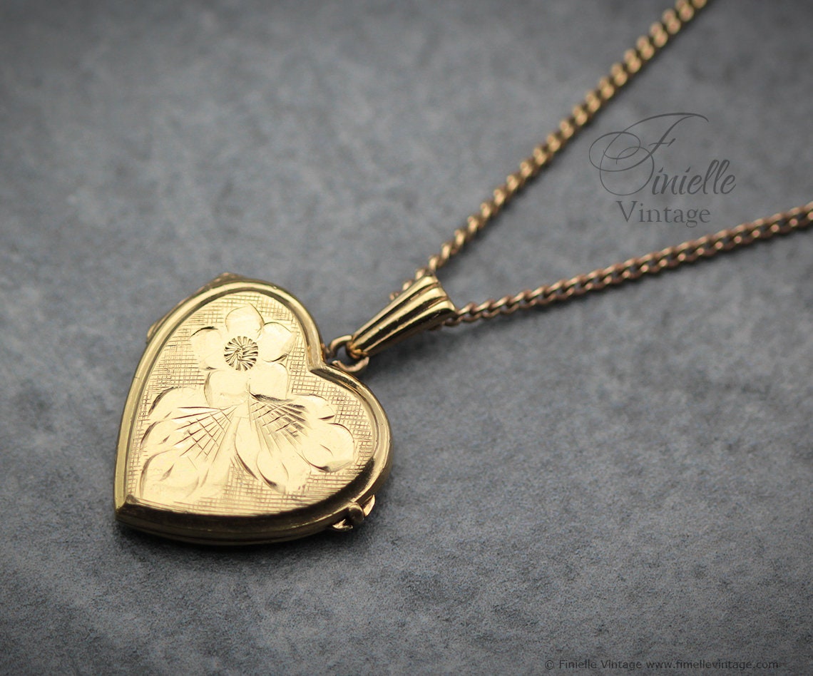 Vintage 14Ct Rolled Gold 1970s Hand Engraved Floral Heart Charm Locket Pendant Necklace, 18Ct Yellow Gold Plated 18" Plain Curb Chain