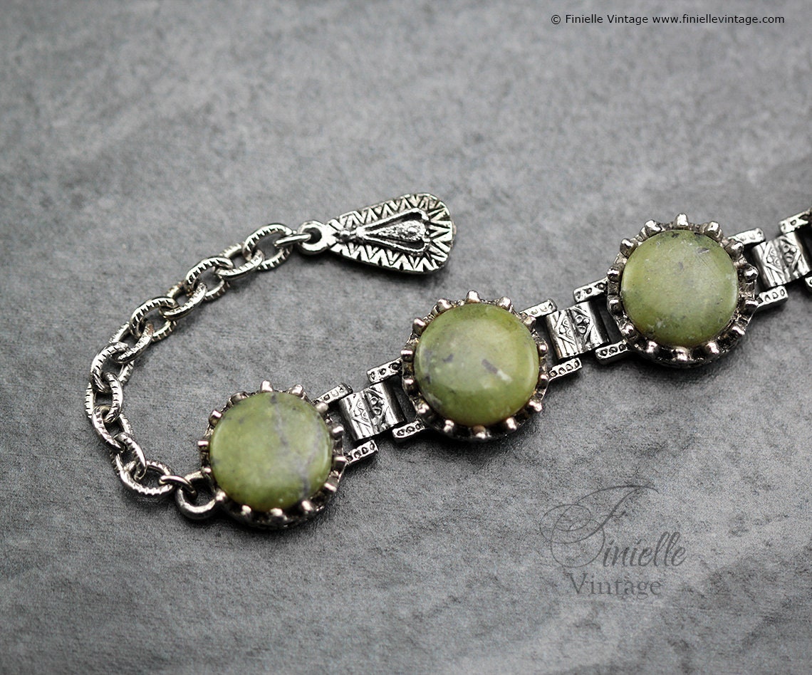 Vintage 1960s Art Deco style Connemara Marble Six Panels Heavy Ornate Bracelet, Jade, Silver Tone, Unique Vintage Jewelry Jewellery