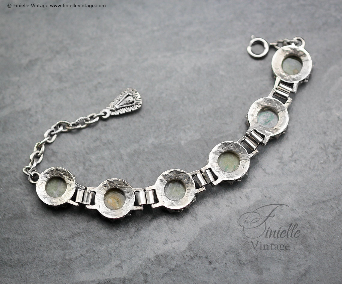 Vintage 1960s Art Deco style Connemara Marble Six Panels Heavy Ornate Bracelet, Jade, Silver Tone, Unique Vintage Jewelry Jewellery