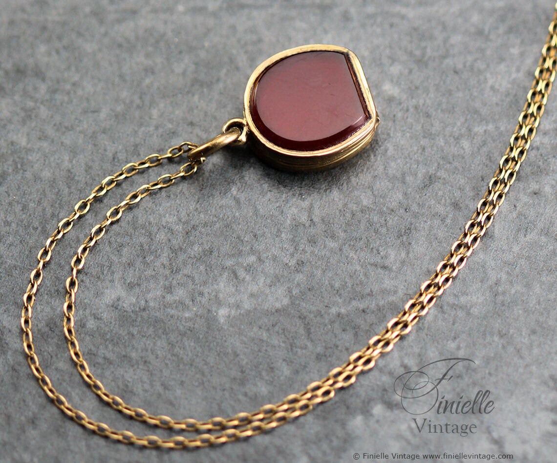 Vintage 1950s, 18Ct Gold Filled, Unique Shape, Horseshoe, Lucky Charm Small Carnelian Locket Pendant, 18Ct Gold Plated 23" Necklace
