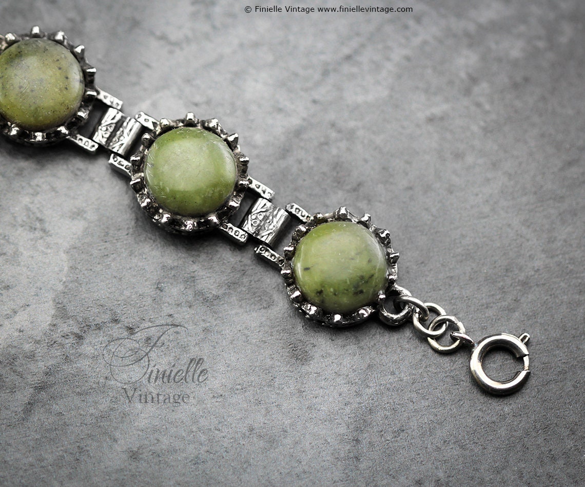 Vintage 1960s Art Deco style Connemara Marble Six Panels Heavy Ornate Bracelet, Jade, Silver Tone, Unique Vintage Jewelry Jewellery