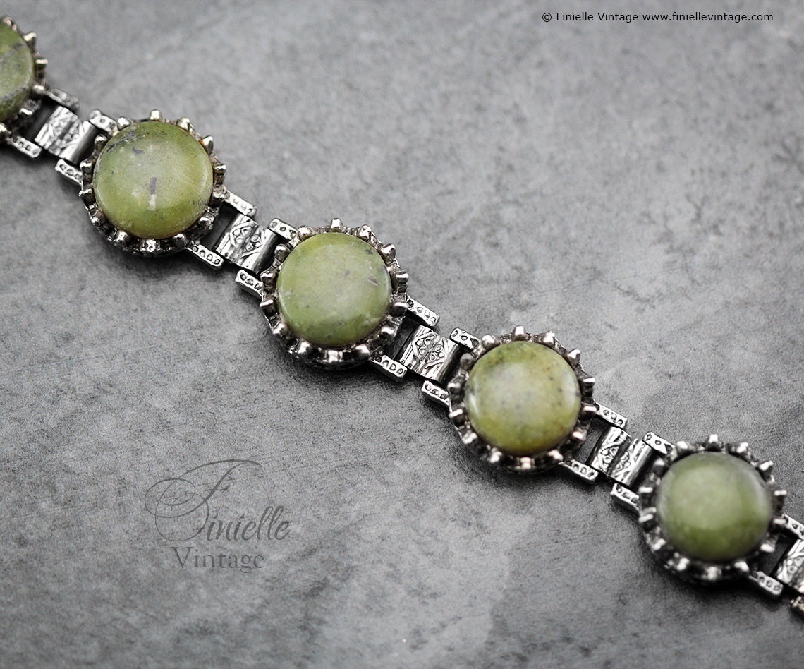 Vintage 1960s Art Deco style Connemara Marble Six Panels Heavy Ornate Bracelet, Jade, Silver Tone, Unique Vintage Jewelry Jewellery