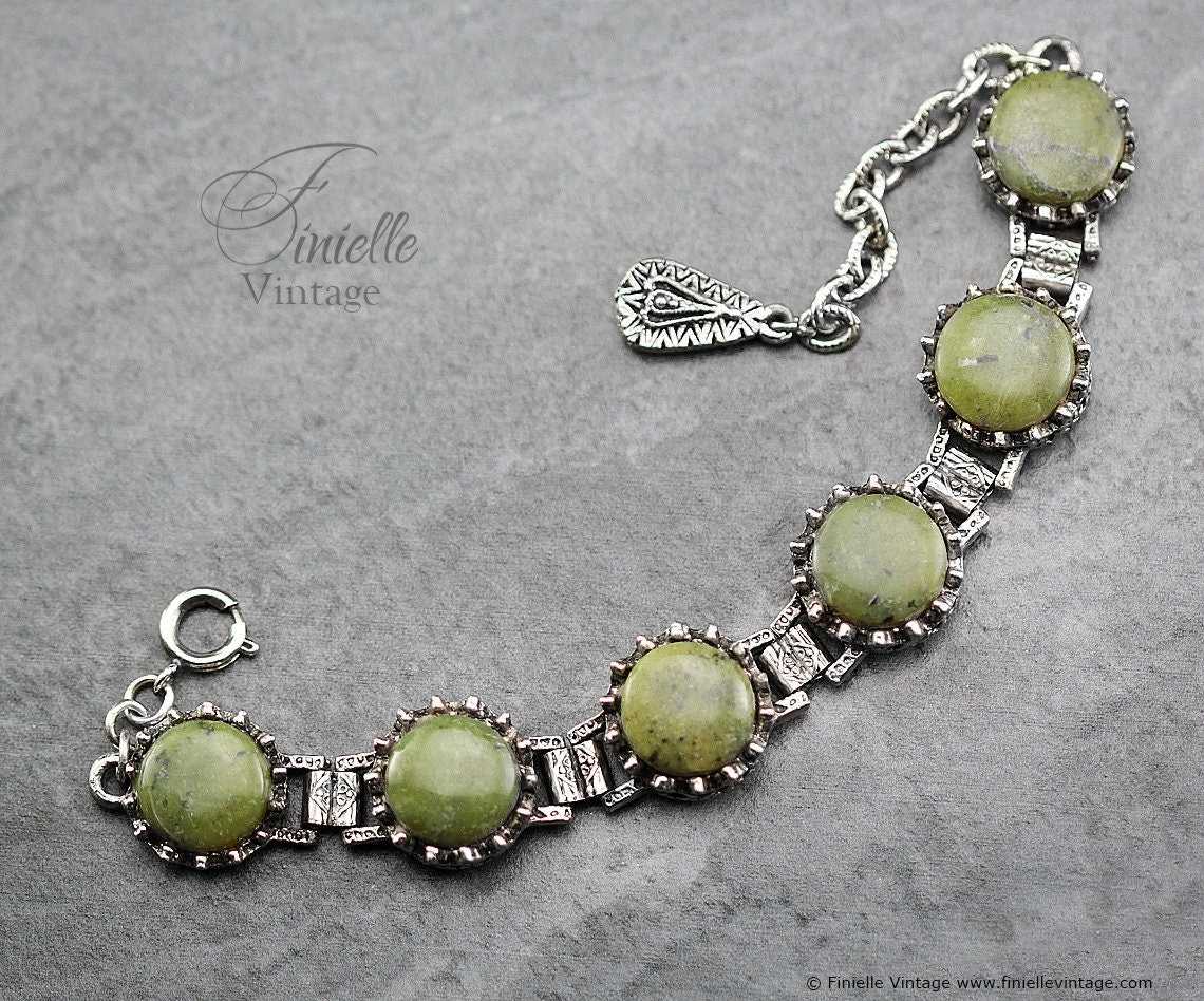 Vintage 1960s Art Deco style Connemara Marble Six Panels Heavy Ornate Bracelet, Jade, Silver Tone, Unique Vintage Jewelry Jewellery