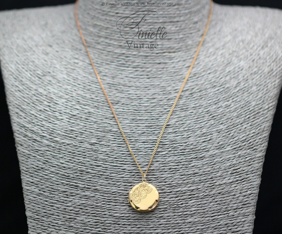 Vintage Art Deco Era 1930s 14Ct Rolled Gold Hand Engraved Ornate Round 2 Photo Locket Pendant, 18.9" Necklace, 18Ct Gold Plated Chain