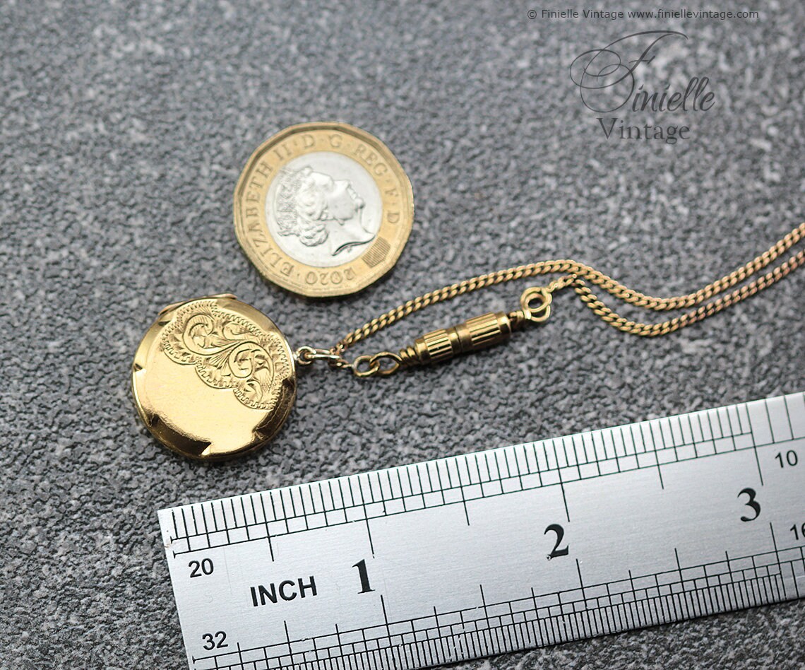 Vintage Art Deco Era 1930s 14Ct Rolled Gold Hand Engraved Ornate Round 2 Photo Locket Pendant, 18.9" Necklace, 18Ct Gold Plated Chain