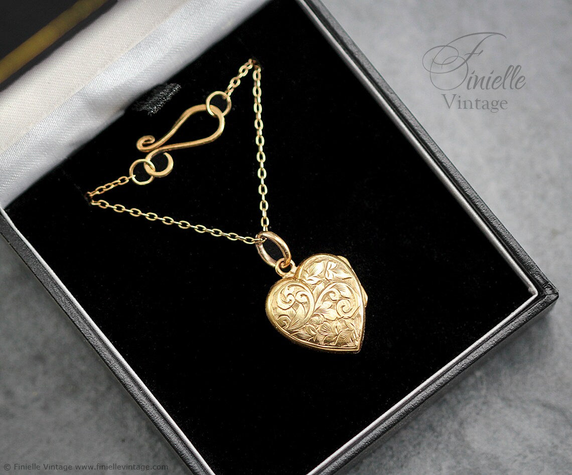 Antique Victorian Era 18Ct Gold Filled, Hand Engraved, Floral Heart 2 Photos Locket Pendant Necklace, 18Ct Yellow Gold Plated 20" Chain