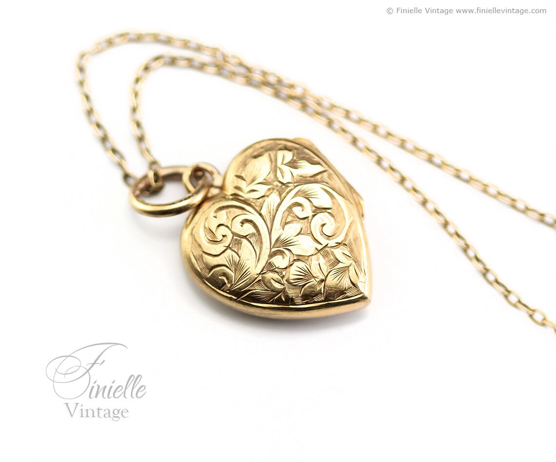 Antique Victorian Era 18Ct Gold Filled, Hand Engraved, Floral Heart 2 Photos Locket Pendant Necklace, 18Ct Yellow Gold Plated 20" Chain