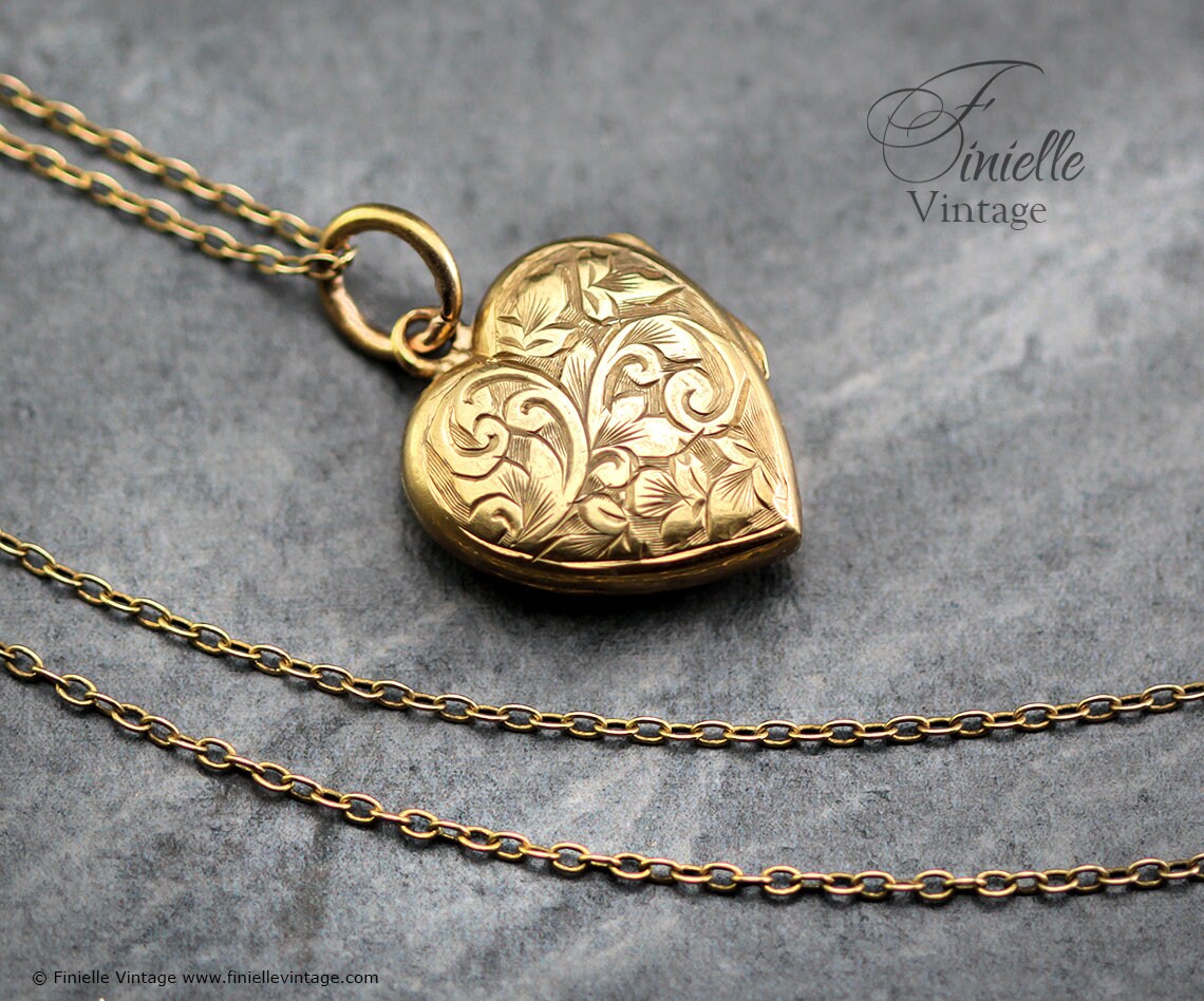 Antique Victorian Era 18Ct Gold Filled, Hand Engraved, Floral Heart 2 Photos Locket Pendant Necklace, 18Ct Yellow Gold Plated 20" Chain