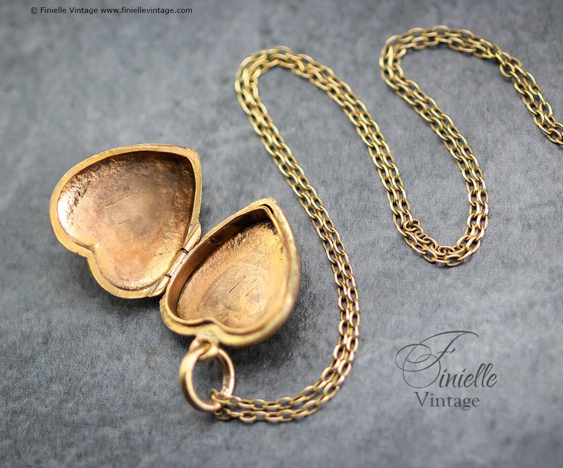 Antique Victorian Era 18Ct Gold Filled, Hand Engraved, Floral Heart 2 Photos Locket Pendant Necklace, 18Ct Yellow Gold Plated 20" Chain
