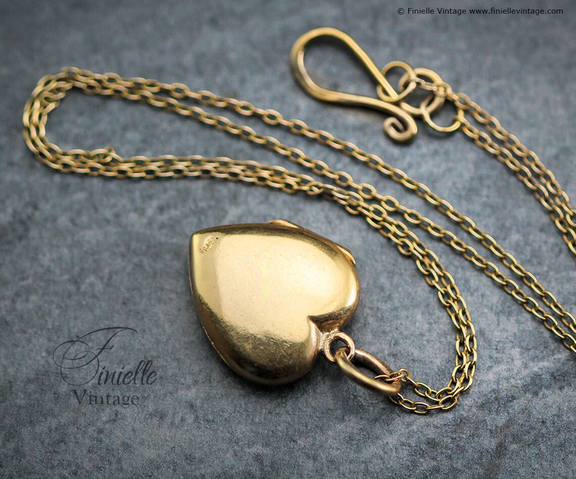 Antique Victorian Era 18Ct Gold Filled, Hand Engraved, Floral Heart 2 Photos Locket Pendant Necklace, 18Ct Yellow Gold Plated 20" Chain