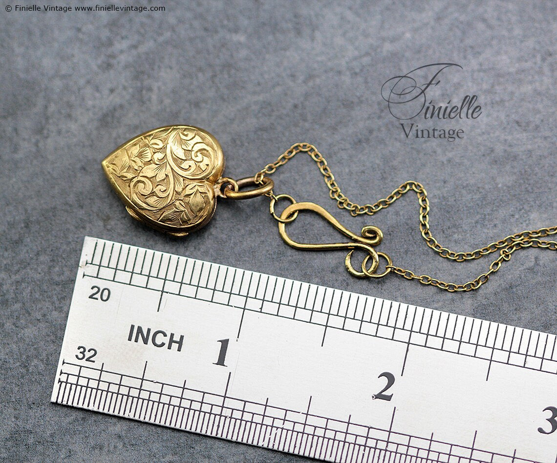 Antique Victorian Era 18Ct Gold Filled, Hand Engraved, Floral Heart 2 Photos Locket Pendant Necklace, 18Ct Yellow Gold Plated 20" Chain