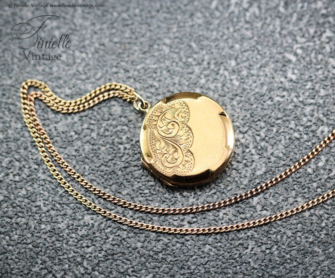 Vintage Art Deco Era 1930s 14Ct Rolled Gold Hand Engraved Ornate Round 2 Photo Locket Pendant, 18.9" Necklace, 18Ct Gold Plated Chain