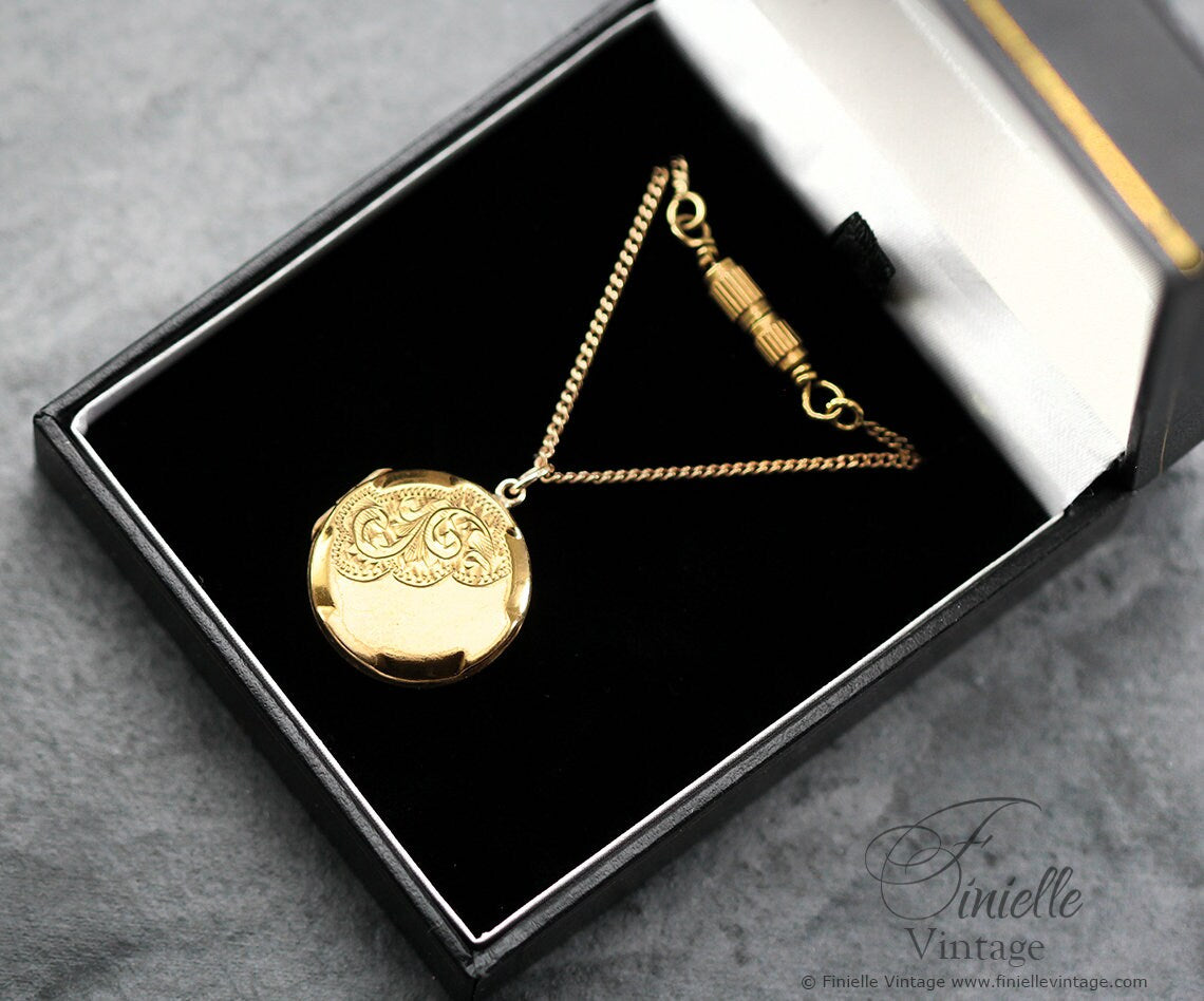 Vintage Art Deco Era 1930s 14Ct Rolled Gold Hand Engraved Ornate Round 2 Photo Locket Pendant, 18.9" Necklace, 18Ct Gold Plated Chain