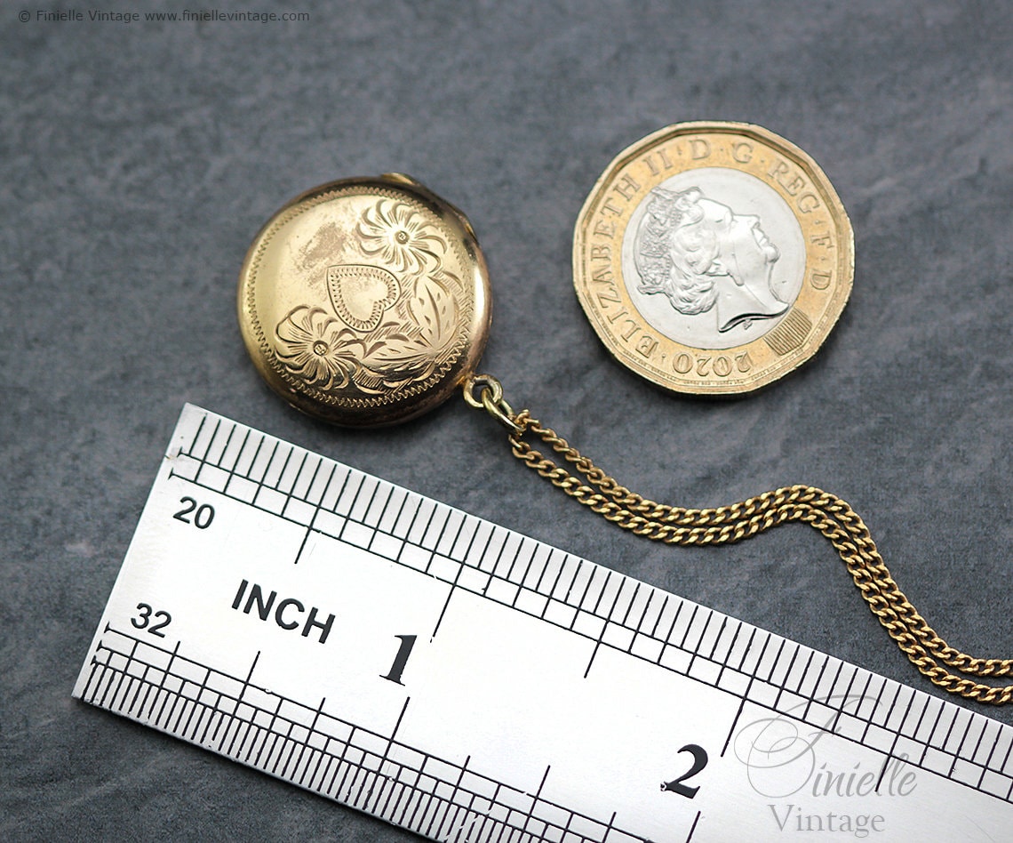 Antique Victorian Era 14Ct Rolled Gold Hand Engraved Floral Heart, Round 2 Photos Locket Pendant Necklace, 18Ct Yellow Gold Plated 17" Chain