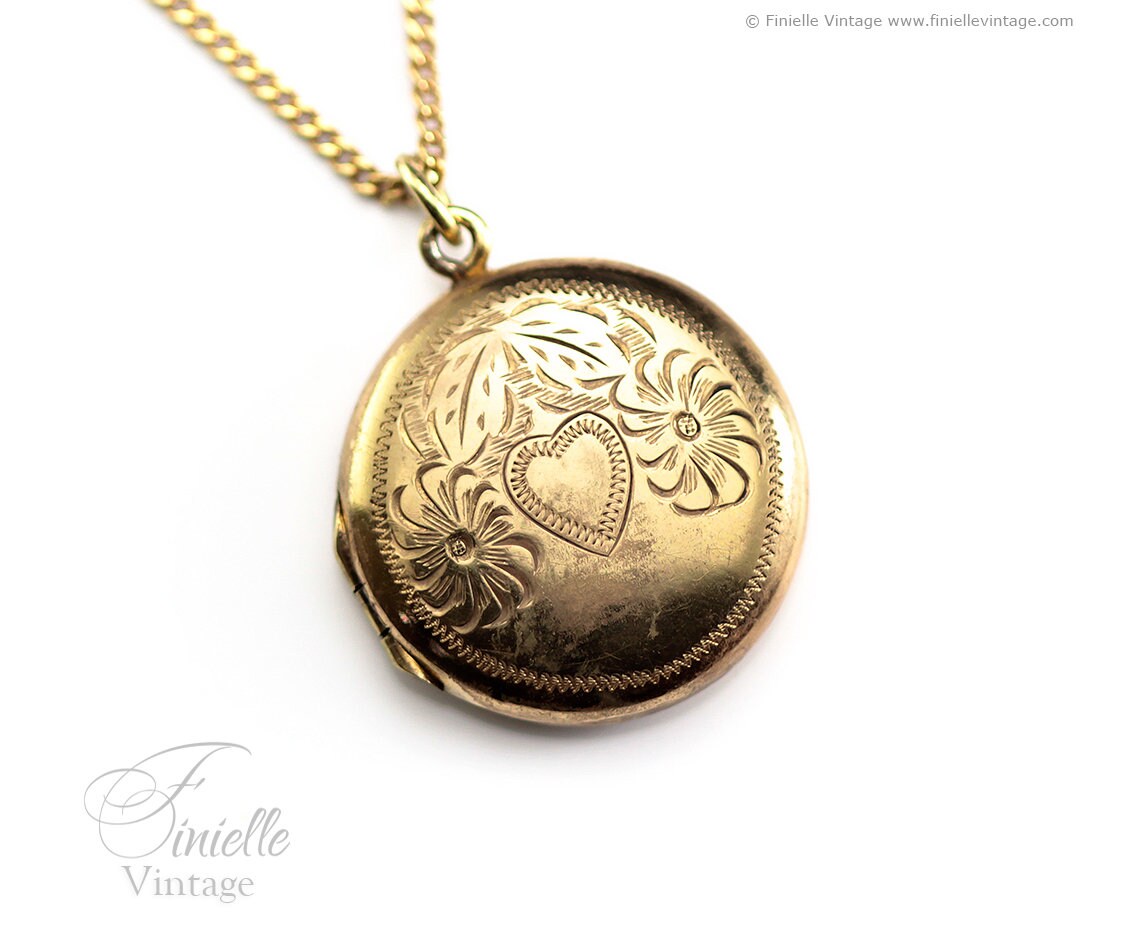 Antique Victorian Era 14Ct Rolled Gold Hand Engraved Floral Heart, Round 2 Photos Locket Pendant Necklace, 18Ct Yellow Gold Plated 17" Chain
