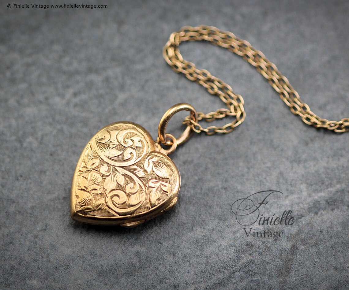Antique Victorian Era 18Ct Gold Filled, Hand Engraved, Floral Heart 2 Photos Locket Pendant Necklace, 18Ct Yellow Gold Plated 20" Chain