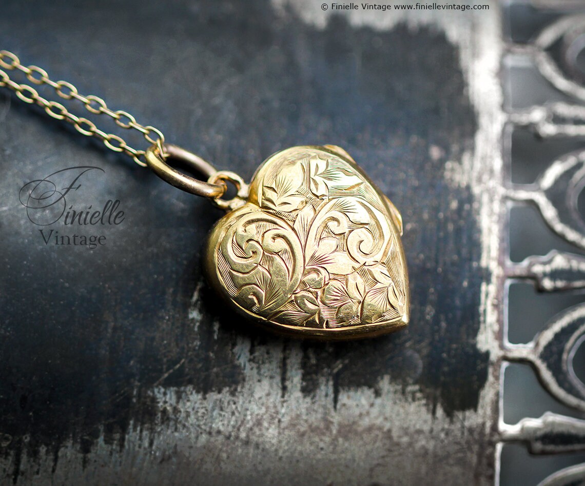 Antique Victorian Era 18Ct Gold Filled, Hand Engraved, Floral Heart 2 Photos Locket Pendant Necklace, 18Ct Yellow Gold Plated 20" Chain