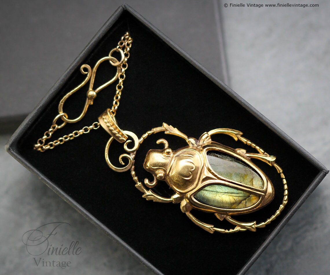 Art Deco Vintage style Egyptian Scarab Large Pendant Necklace, Antique 18Ct Yellow Gold Plated, Green Gold Labradorite, 20.5" Chain