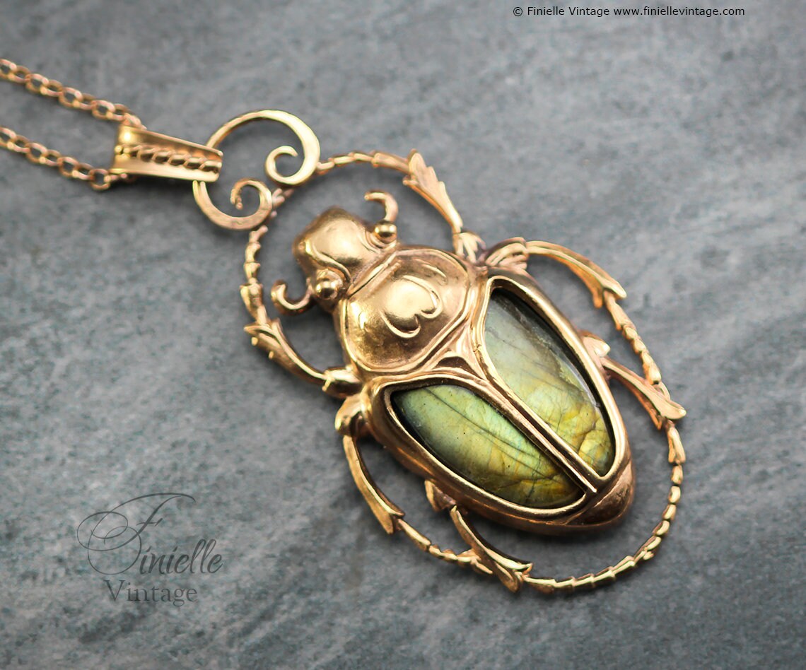 Art Deco Vintage style Egyptian Scarab Large Pendant Necklace, Antique 18Ct Yellow Gold Plated, Green Gold Labradorite, 20.5" Chain