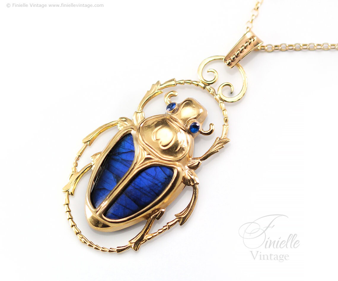 Art Deco Vintage style Egyptian Scarab Large Pendant Necklace, Antique 18Ct Yellow Gold Plated, Blue Labradorite, 21.6" Chain