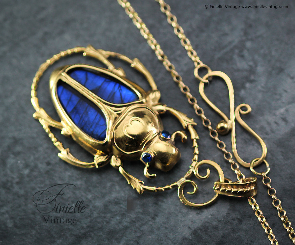 Art Deco Vintage style Egyptian Scarab Large Pendant Necklace, Antique 18Ct Yellow Gold Plated, Blue Labradorite, 21.6" Chain