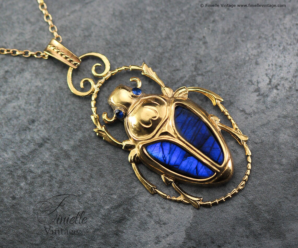 Art Deco Vintage style Egyptian Scarab Large Pendant Necklace, Antique 18Ct Yellow Gold Plated, Blue Labradorite, 21.6" Chain