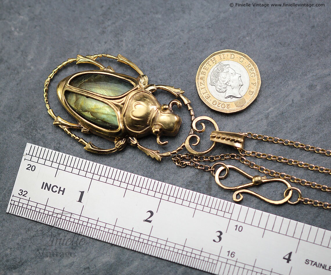 Art Deco Vintage style Egyptian Scarab Large Pendant Necklace, Antique 18Ct Yellow Gold Plated, Green Gold Labradorite, 20.5" Chain