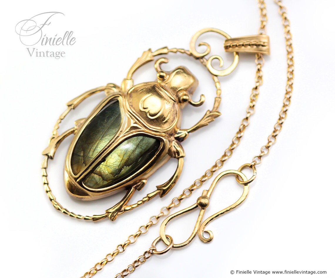 Art Deco Vintage style Egyptian Scarab Large Pendant Necklace, Antique 18Ct Yellow Gold Plated, Green Gold Labradorite, 20.5" Chain