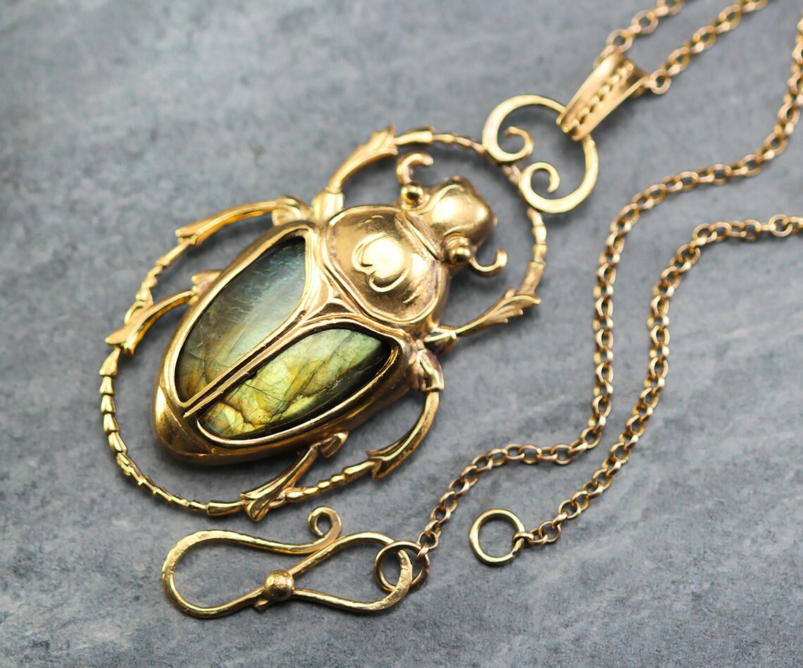 Art Deco Vintage style Egyptian Scarab Large Pendant Necklace, Antique 18Ct Yellow Gold Plated, Green Gold Labradorite, 20.5" Chain