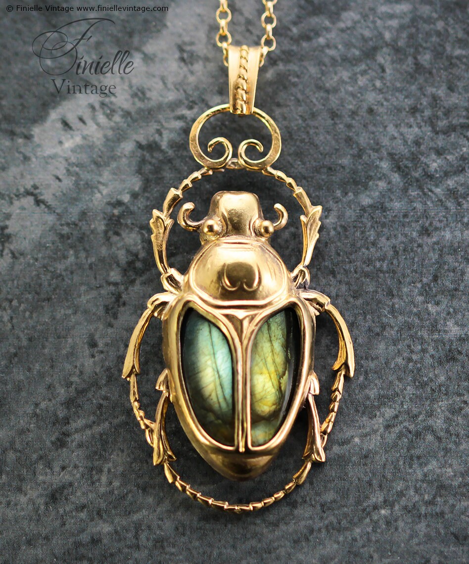 Art Deco Vintage style Egyptian Scarab Large Pendant Necklace, Antique 18Ct Yellow Gold Plated, Green Gold Labradorite, 20.5" Chain