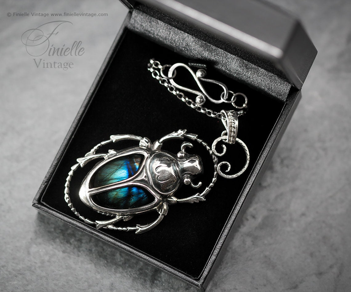 Art Deco Vintage style Egyptian Scarab Pendant Necklace, Antique Silver Plated, Royal Blue Labradorite, 21" Sterling Silver Rolo Chain