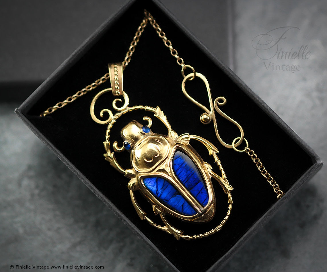 Art Deco Vintage style Egyptian Scarab Large Pendant Necklace, Antique 18Ct Yellow Gold Plated, Blue Labradorite, 21.6" Chain