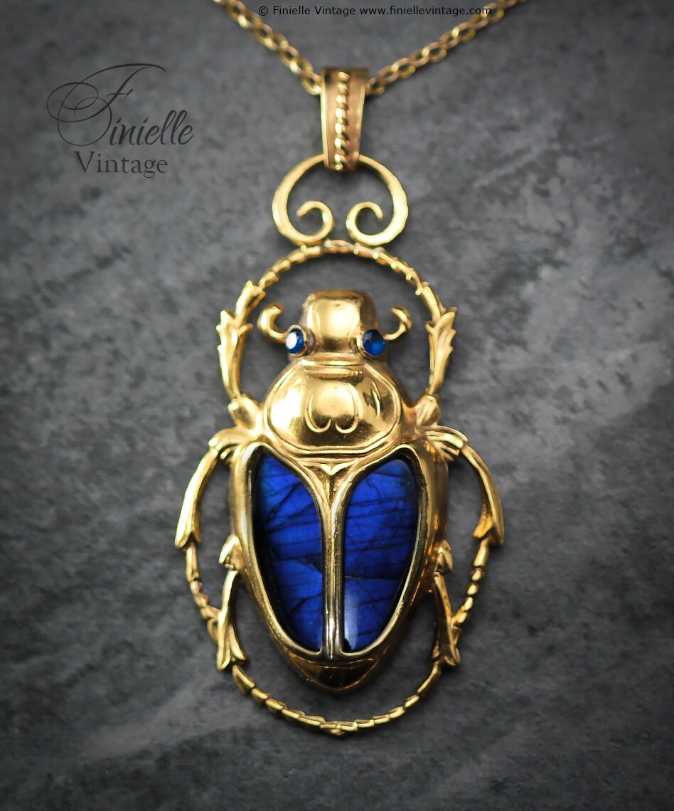 Art Deco Vintage style Egyptian Scarab Large Pendant Necklace, Antique 18Ct Yellow Gold Plated, Blue Labradorite, 21.6" Chain