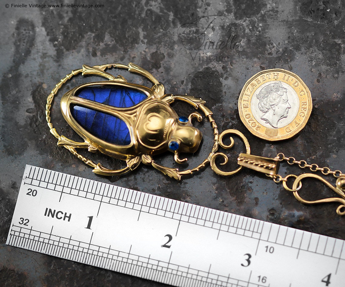 Art Deco Vintage style Egyptian Scarab Large Pendant Necklace, Antique 18Ct Yellow Gold Plated, Blue Labradorite, 21.6" Chain