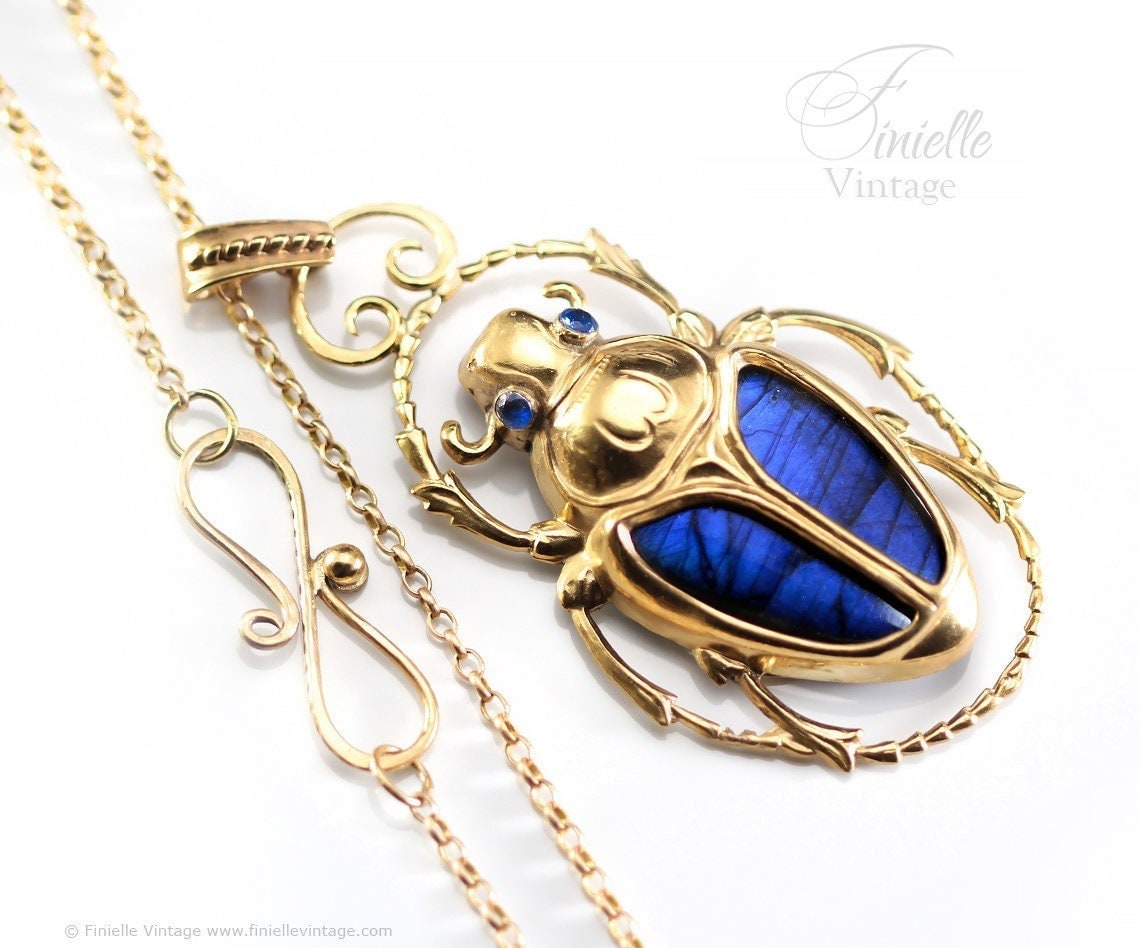 Art Deco Vintage style Egyptian Scarab Large Pendant Necklace, Antique 18Ct Yellow Gold Plated, Blue Labradorite, 21.6" Chain