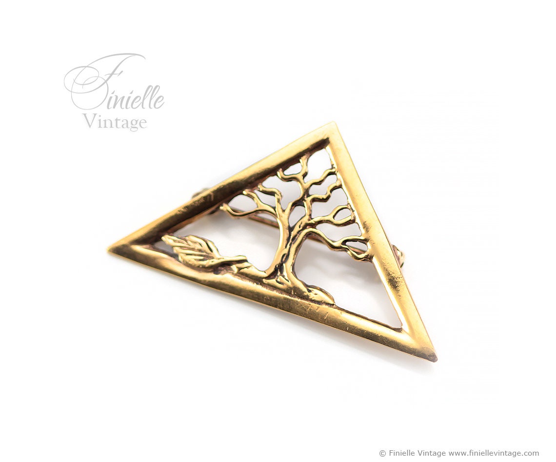 Vintage 1970s Tree Of Life Triangle Brooch Pin, 18Ct Gold Filled, Unique Gift Vintage Jewelry Jewellery