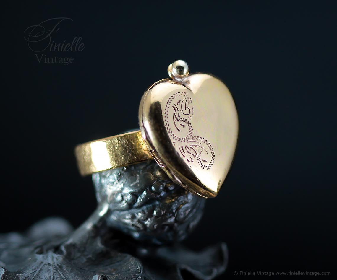 14Ct Rolled Gold Art Deco Era, Engraved 2 Photo Floral Heart Locket, Handmade 18Ct Gold Plated Hammered Textured Band Ring, Unique Gift