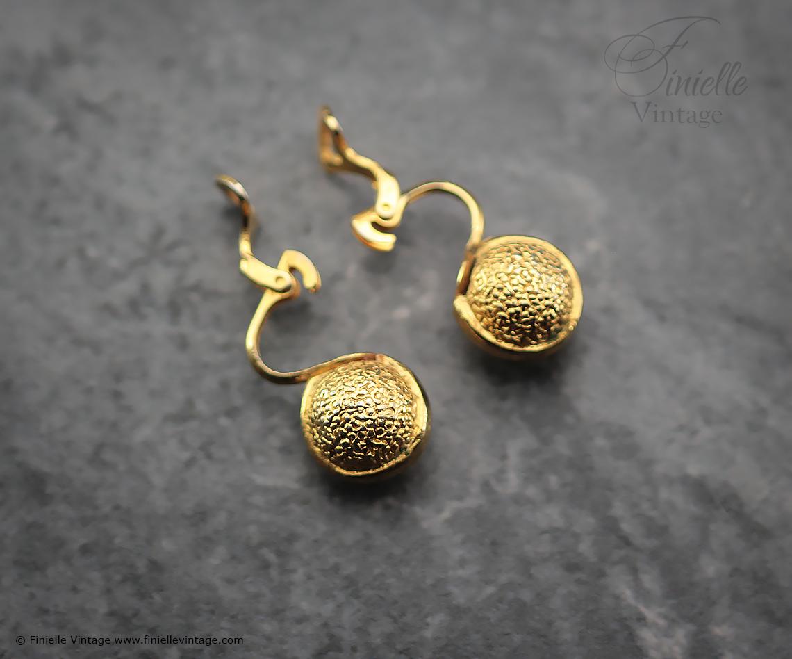 Vintage 1980s Clip-On Drop Gold Tone Ball Statement Earrings Collectable Costume Vintage Estate Jewelry jewellery