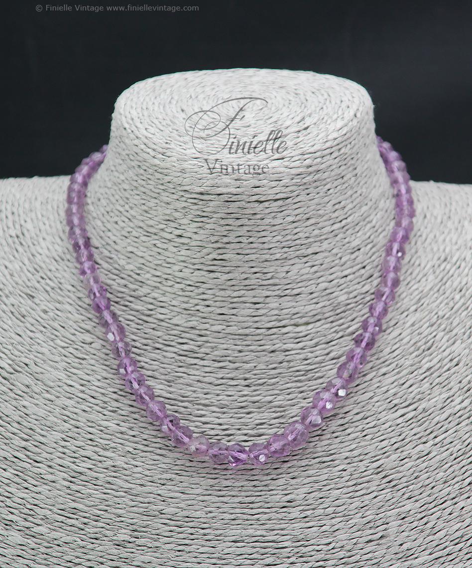 2x Vintage Art Deco-Style 1970s Beads Necklaces, Faceted Purple Amethyst and Blue Lace Agate, 16" and 15" Long, Unique Jewelry Gift