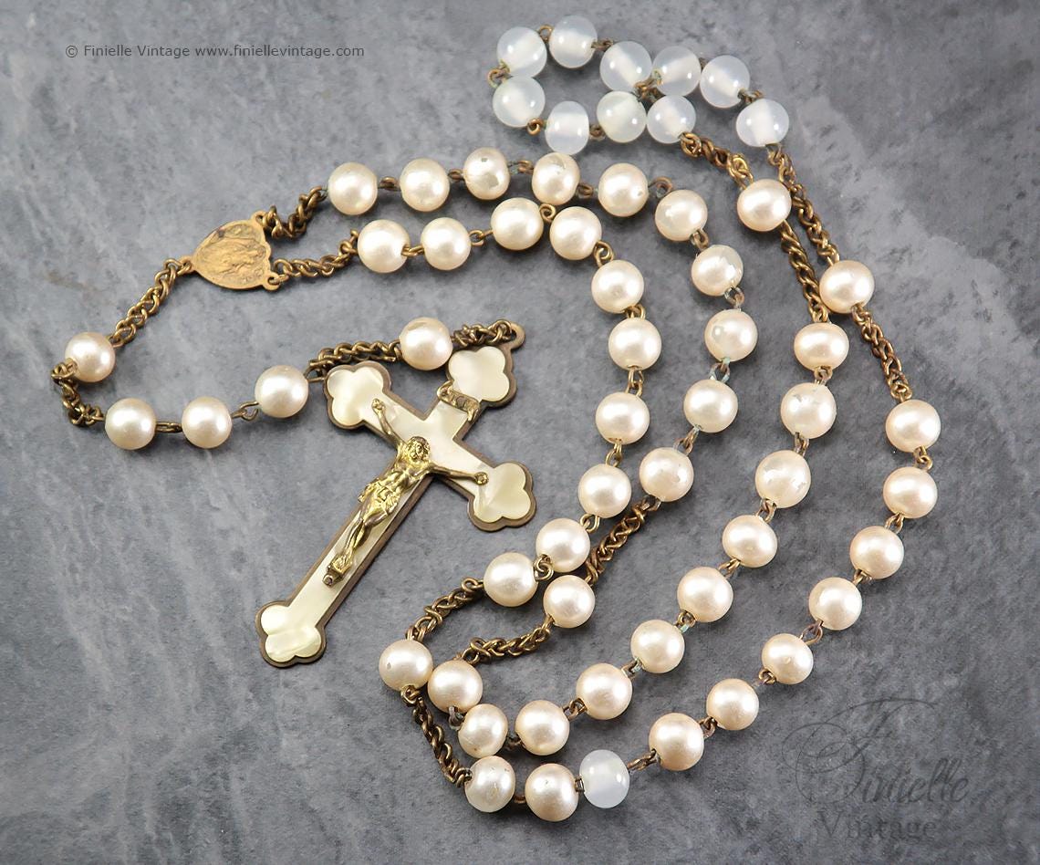Antique Vintage 1920s–1930s Catholic Rosary – Faux Pearls, Glass Beads, Brass & Mother of Pearl Crucifix, Collectable Unique Gift