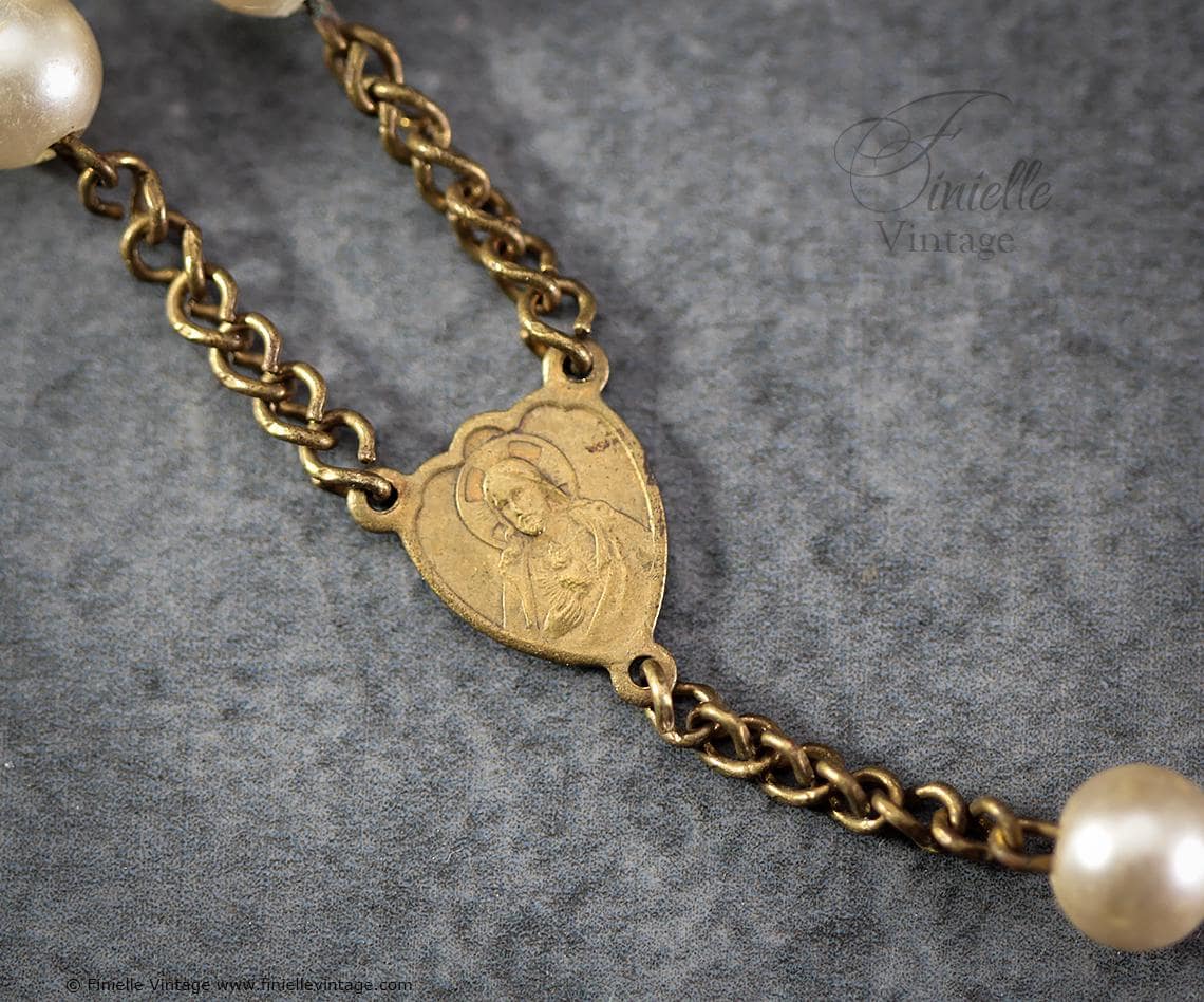 Antique Vintage 1920s–1930s Catholic Rosary – Faux Pearls, Glass Beads, Brass & Mother of Pearl Crucifix, Collectable Unique Gift