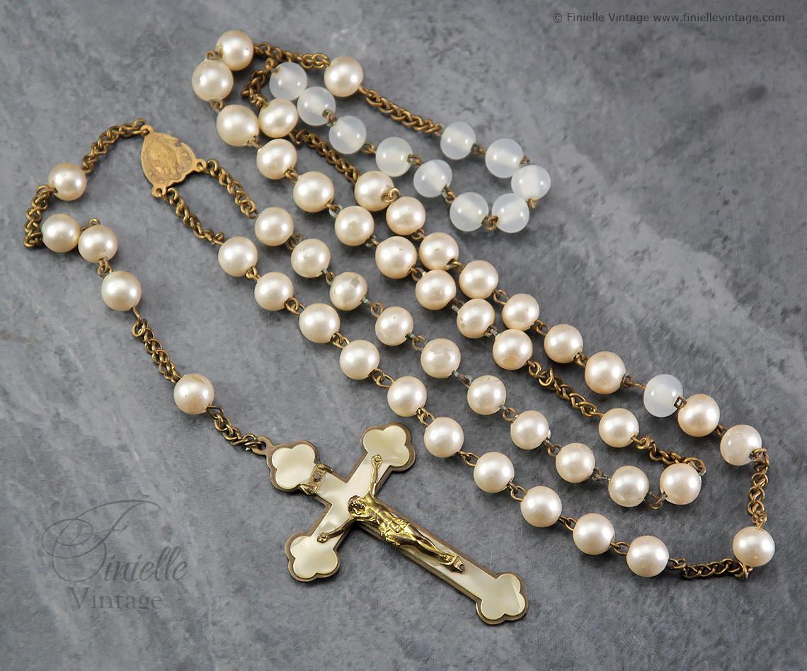 Antique Vintage 1920s–1930s Catholic Rosary – Faux Pearls, Glass Beads, Brass & Mother of Pearl Crucifix, Collectable Unique Gift