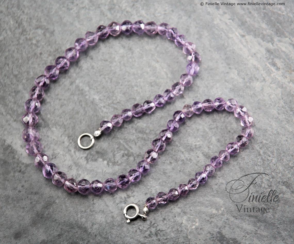 2x Vintage Art Deco-Style 1970s Beads Necklaces, Faceted Purple Amethyst and Blue Lace Agate, 16" and 15" Long, Unique Jewelry Gift