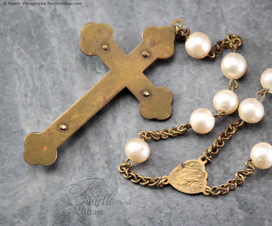 Antique Vintage 1920s–1930s Catholic Rosary – Faux Pearls, Glass Beads, Brass & Mother of Pearl Crucifix, Collectable Unique Gift