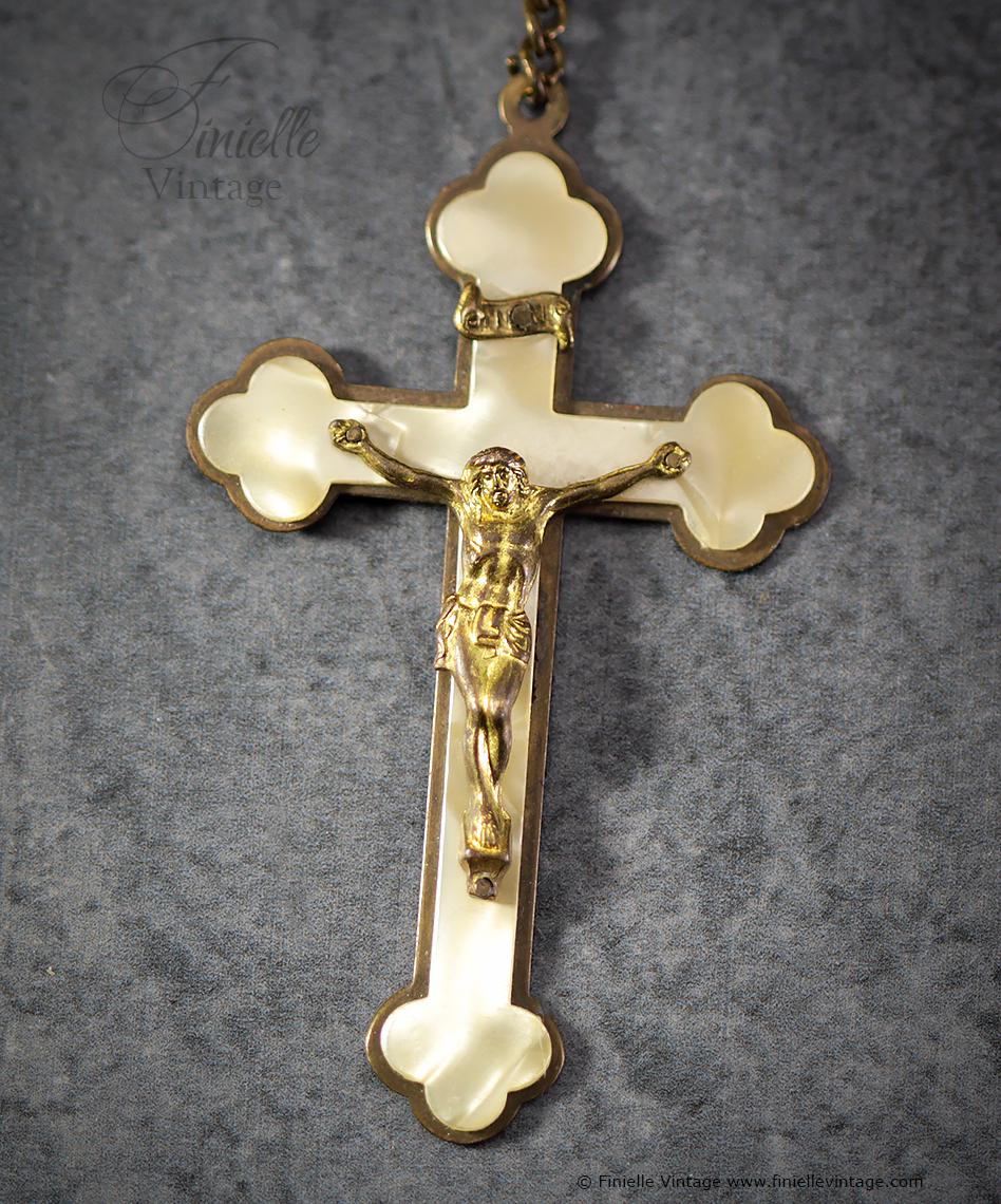 Antique Vintage 1920s–1930s Catholic Rosary – Faux Pearls, Glass Beads, Brass & Mother of Pearl Crucifix, Collectable Unique Gift