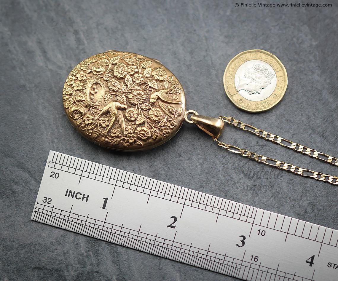 Vintage, Victorian Revival, 1960s Large 18Ct Gold Plated, Two Photos Locket – Birds and Nest Floral Engraving